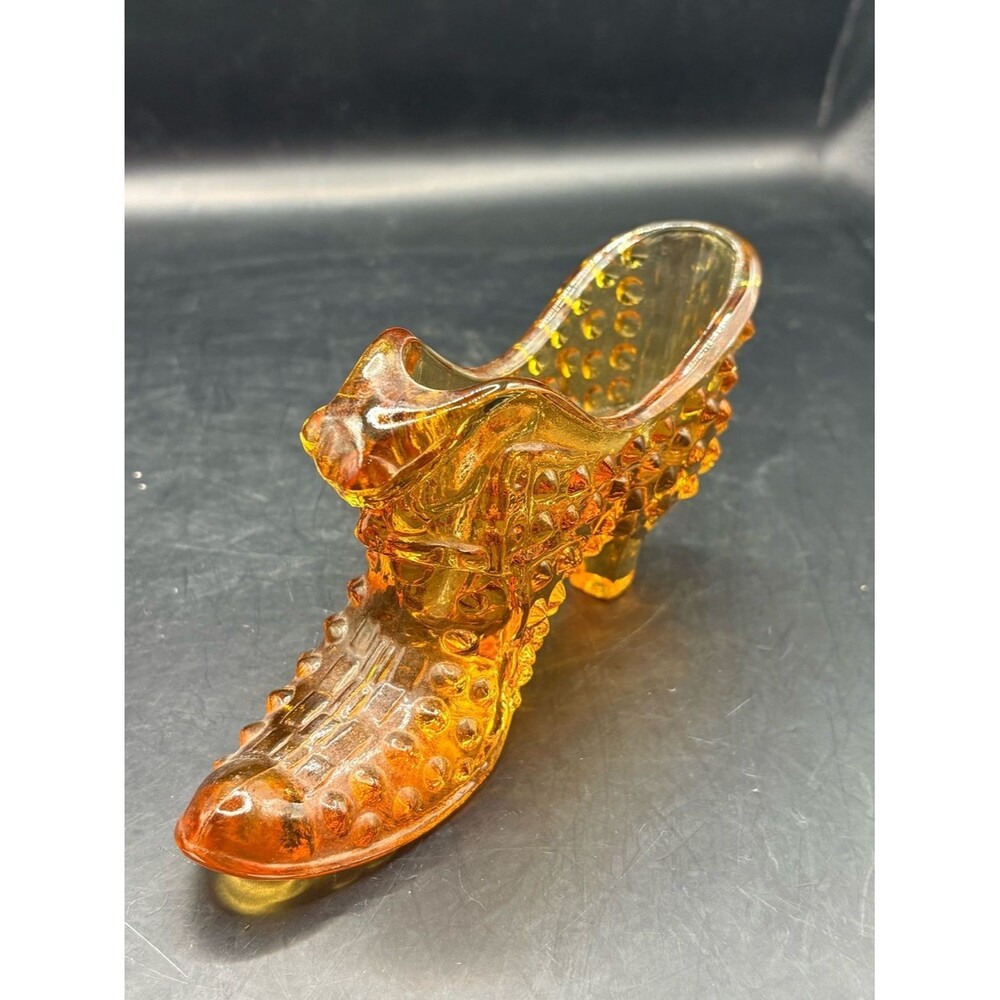 Amber Fenton Cat Head Glass Hobnail Shoe
